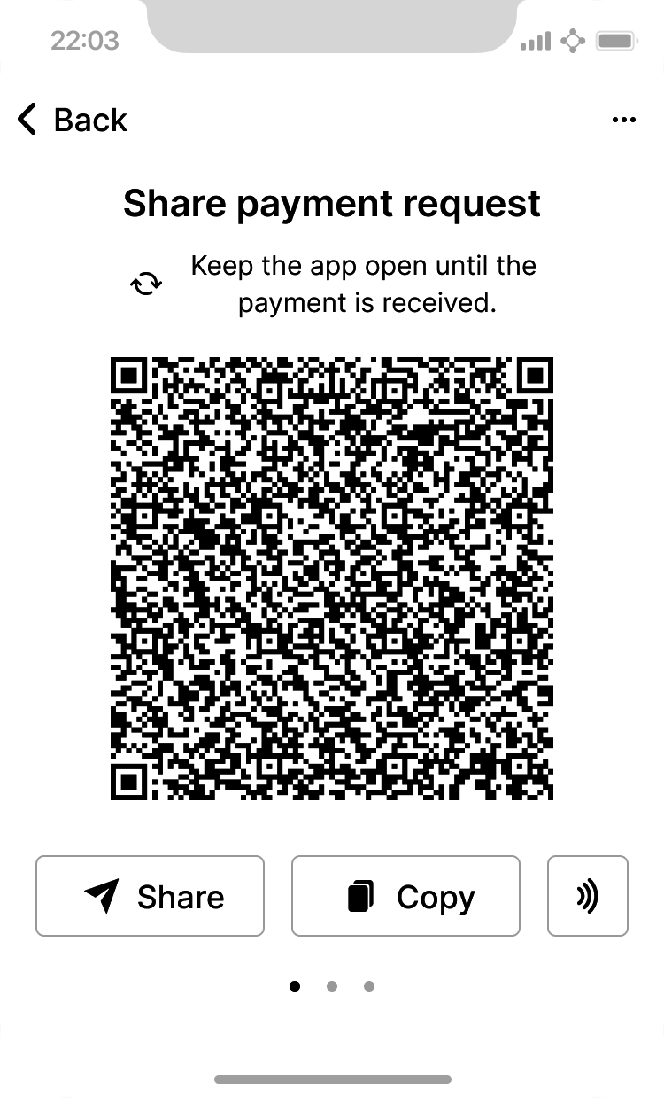 Wallet receive screen with QR code displayed.  Image derived from Bitcoin Design Guide CC-BY