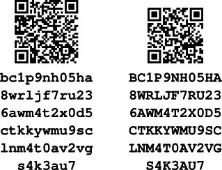 The same bech32 address QR encoded in lowercase and uppercase