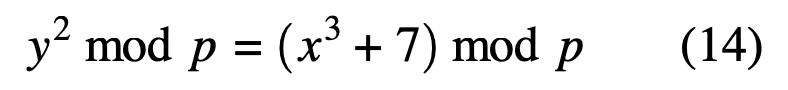 $$\begin{equation}
{y^2 \mod p = (x^3 + 7) \mod p}
\end{equation}$$