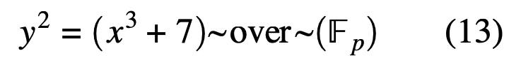 $$\begin{equation}
{y^2 = (x^3 + 7)}~\text{over}~(\mathbb{F}_p)
\end{equation}$$